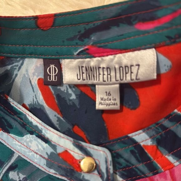 Jennifer Lopez Tropical print Red and Blue Romper with Mandarin Collar Size 16 - Picture 9 of 14